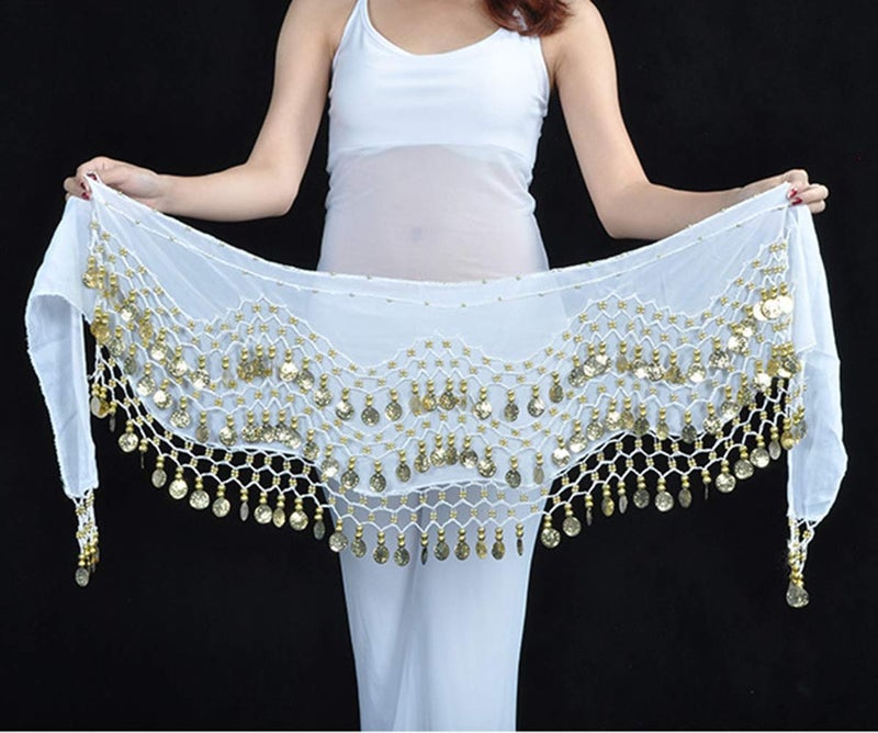 Lauthen.S 128 Coins Belly Dance Hip Scarf Tribal Belt Halloween Genie Costume Accessory White - Image 3